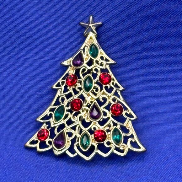 VTG Liz Claiborne “A Christmas to Remember” Gold-Tone & Crystal Tree Brooch - Picture 6 of 9